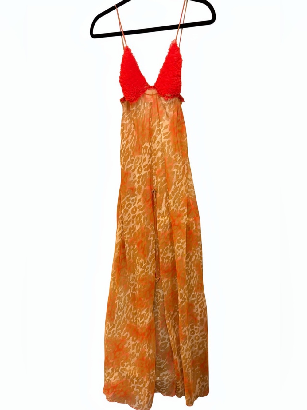 Victoria’s Secret Sheer Animal-Print Maxi Night Gown with Red Ruffles